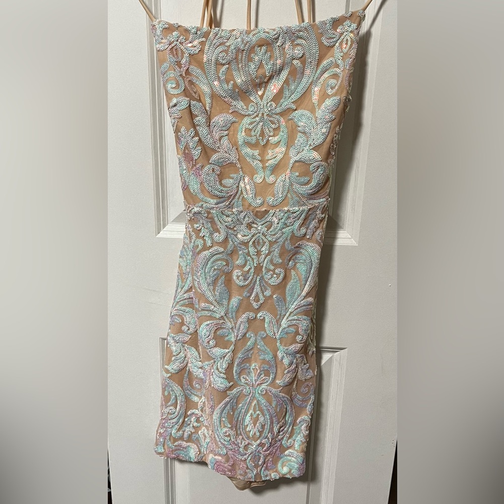 Tan and white sequined dress